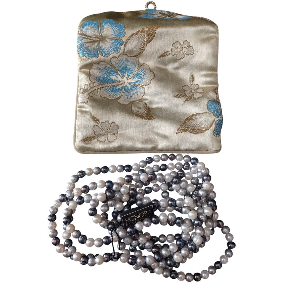 RARE Vintage Honora 80" Endless Pearl Necklace - Aqua White Bronze - Box & Pouch